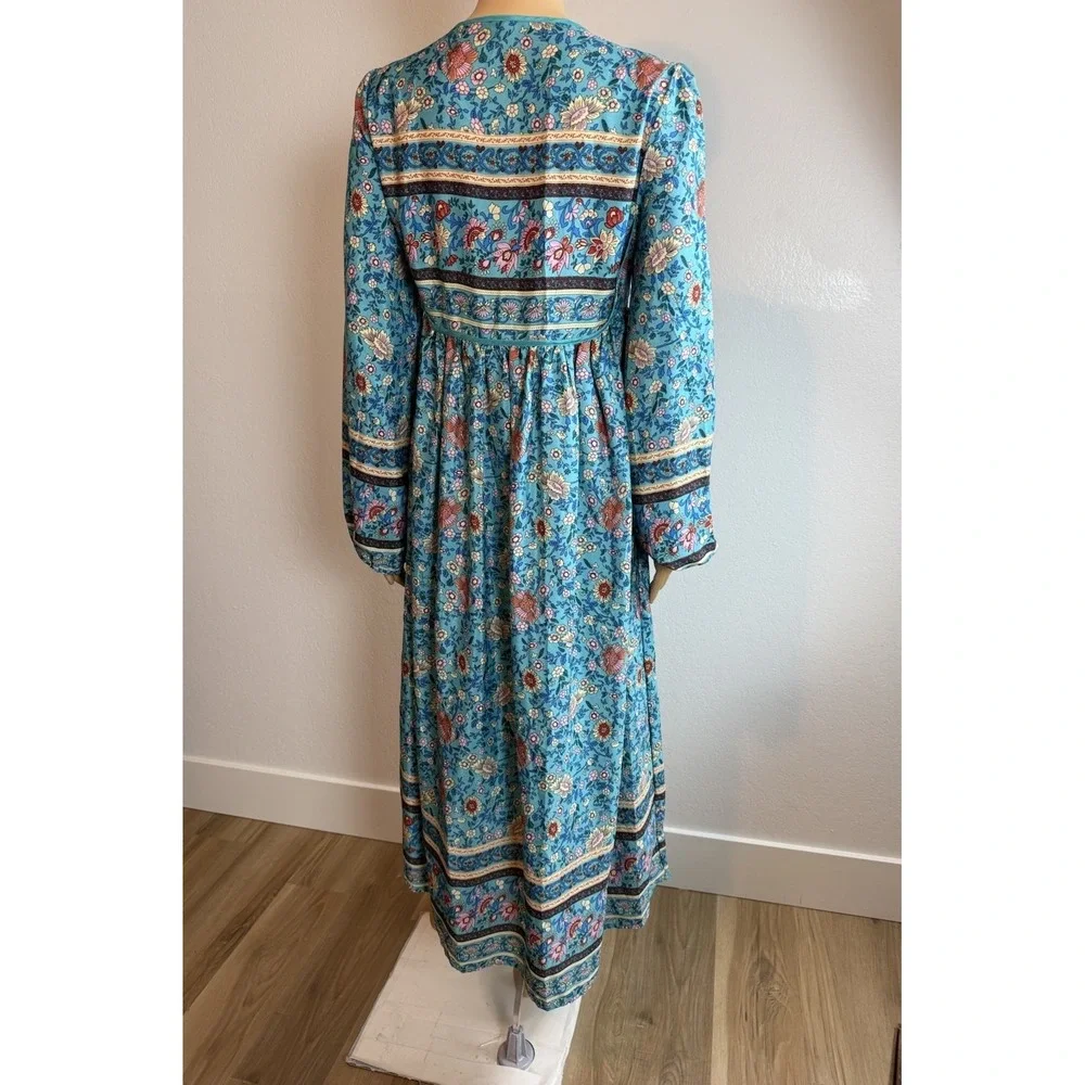 Y2K Blue Floral Tassel Tie Long Sleeve Cottage Bohemian Womens Midi Dress Sz M